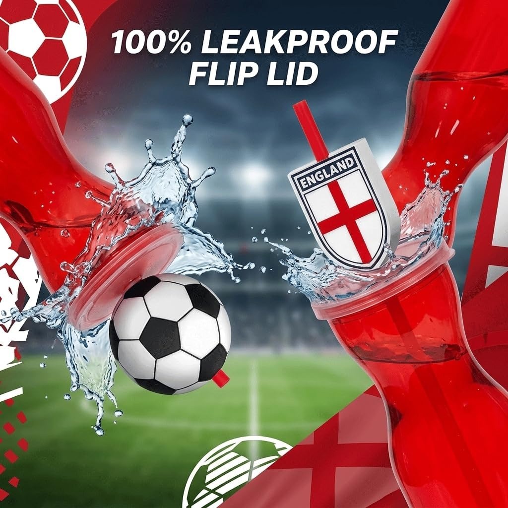 HiFEN® England Football Water Bottle, 500ml/18oz Leak Proof Lid Drinking Bottle with Straw, BPA-Free Easy Clean Hydration Bottle for Football Matches, Sporting Events, Gym & Travel, (Pack of 2)