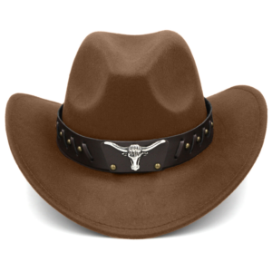 HiFEN® Cowboy Hat for Men and Women Western Cowboy Hat with Metal Bull Head Unisex Wide Brim Adjustable Cowboy Outfit Accessory for Outdoor Activities (Black & Brown)