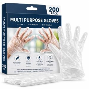 HiFEN® 200 Clear Disposable Gloves, Lightweight Latex & Powder Free Multi Purpose Plastic Gloves for Kitchen Food Prep, Cooking, Cleaning, Household Use & Touchscreen Compatible
