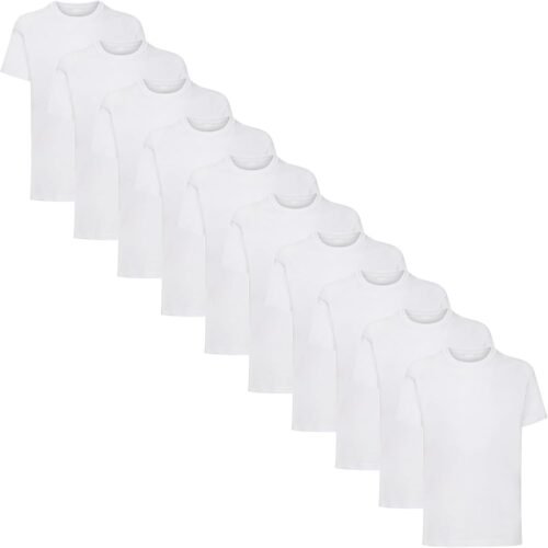 HiFEN® Kids Cotton Rich Crew Neck T-Shirts – Classic Fit Short Sleeve, White (10 Pack, Ages 3–15 Years)